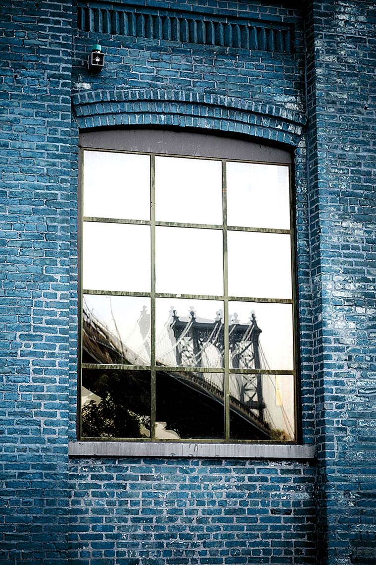 Manhattan Bridge Reflection On WIndow, Dumbo, Brooklyn, NY Postcard