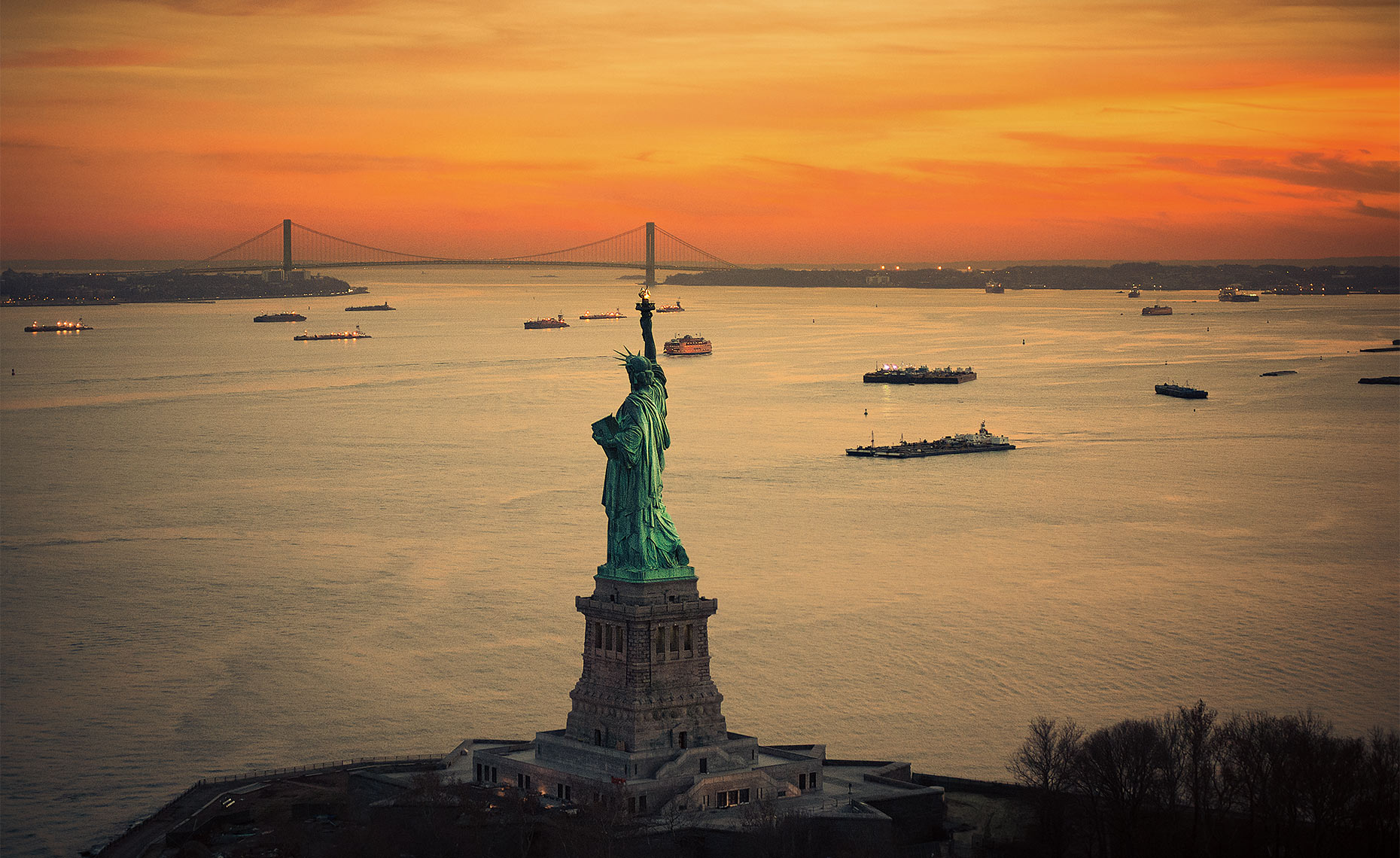 The Statue Of Liberty & Verazano Bridge, New York City Postcard